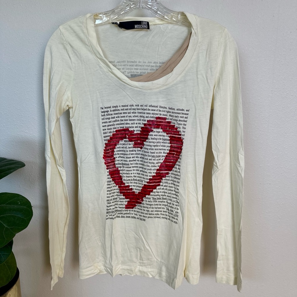 Moschino Cream Long Sleeve Tee with Red Heart Print